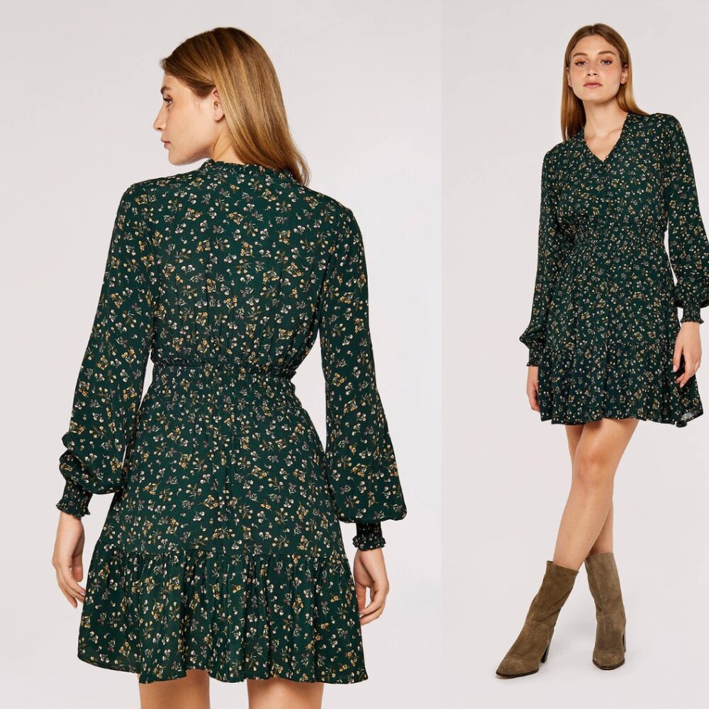 Green ditsy floral dress with sleeves